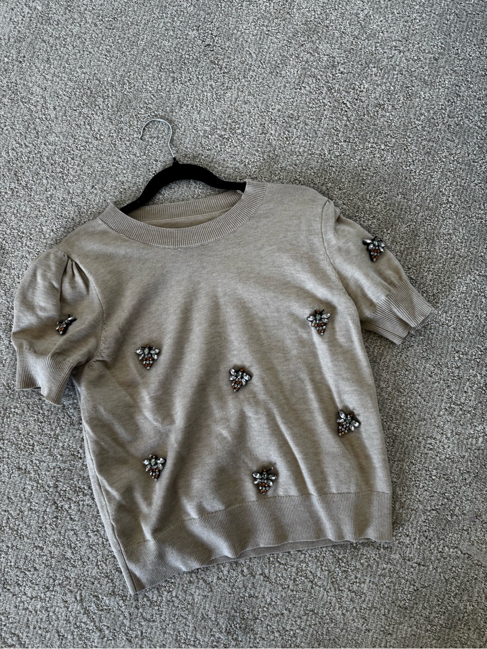 ' Short-Sleeve Embellished Knit Top - Taupe